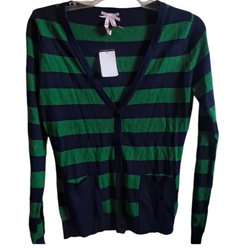 Derek Heart Navy and Green Striped V-Neck Cardigan
